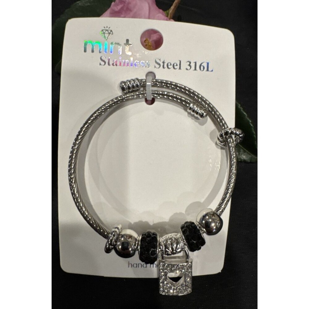 Mint Stainless Steel Heart PadLock Crystals Charm Silvertone Bangle Bracelet NEW - Picture 5 of 8